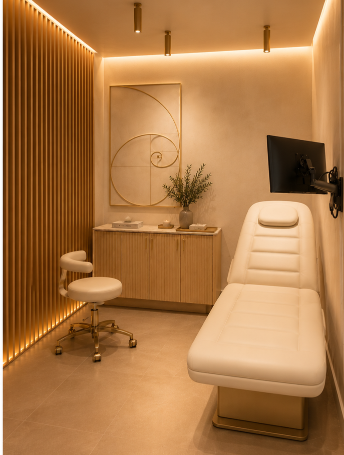 Gabinete de Áurea Clinic con equipamiento clínico y decoración cálida